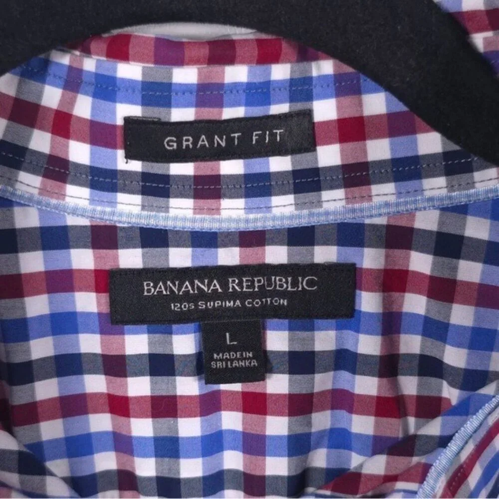 BANANA REPUBLIC 120s SUPIMA COTTON GRANT FIT Plaid‎ Multi Button up Shirt LARGE